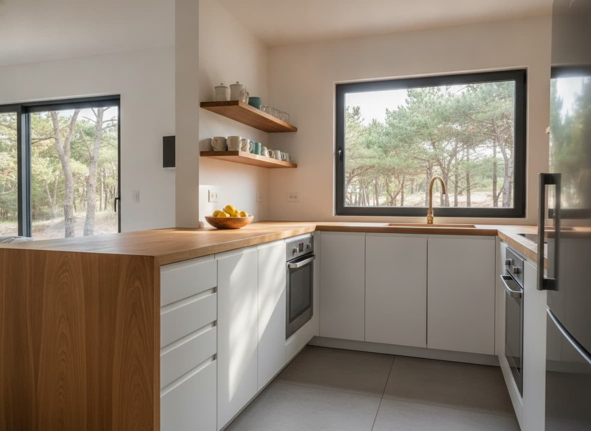 Cocina equipada con mesada de madera clara