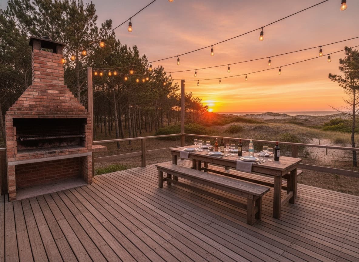 Deck de madera con parrilla al atardecer
