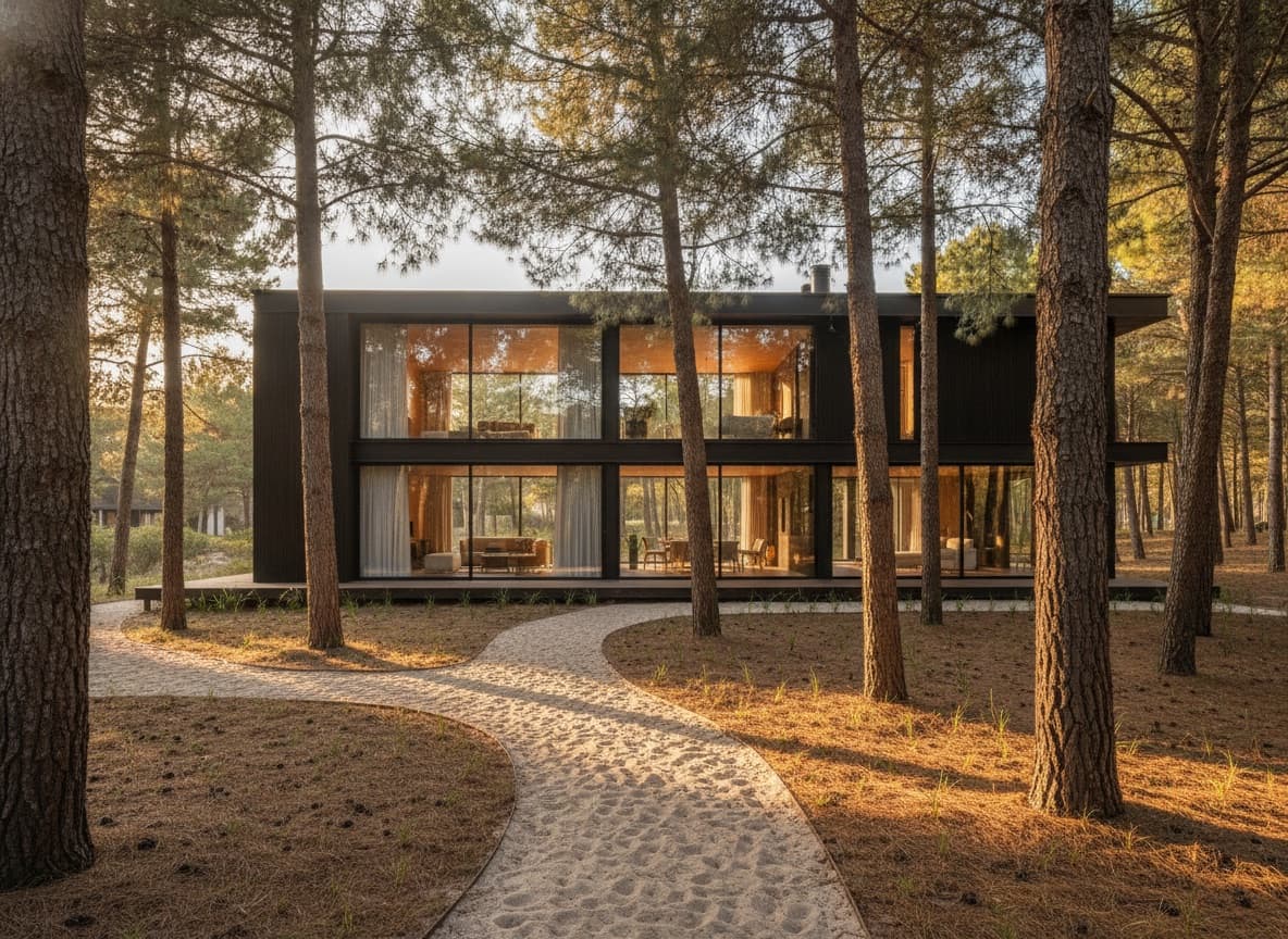 Casa entre los pinos en el Partido de la Costa, al atardecer