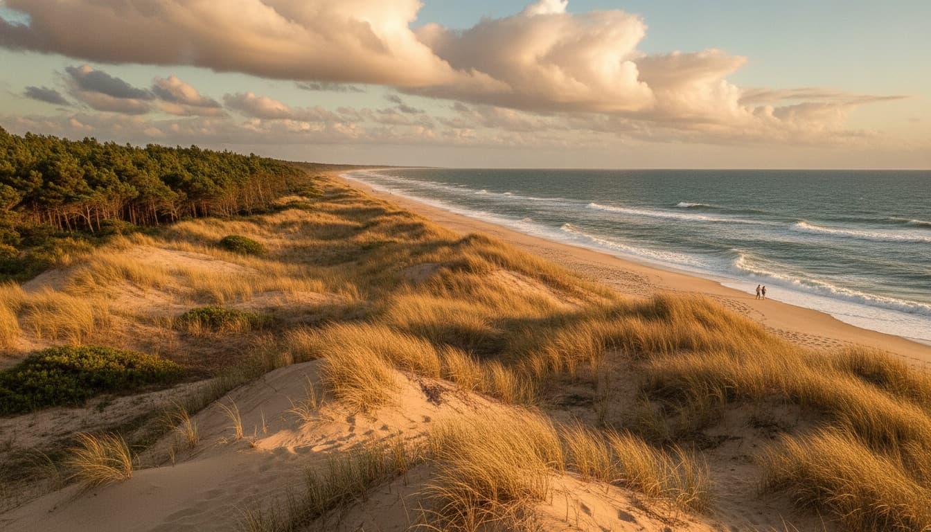 Médanos y mar en la costa atlántica argentina al atardecer